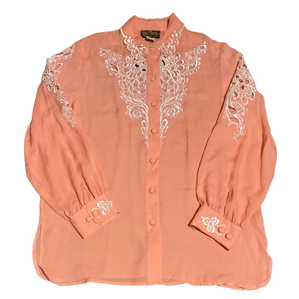 Bob Mackie Wearable Art Blouse Set Womens Medium Coral Silk Embroidered 2PC